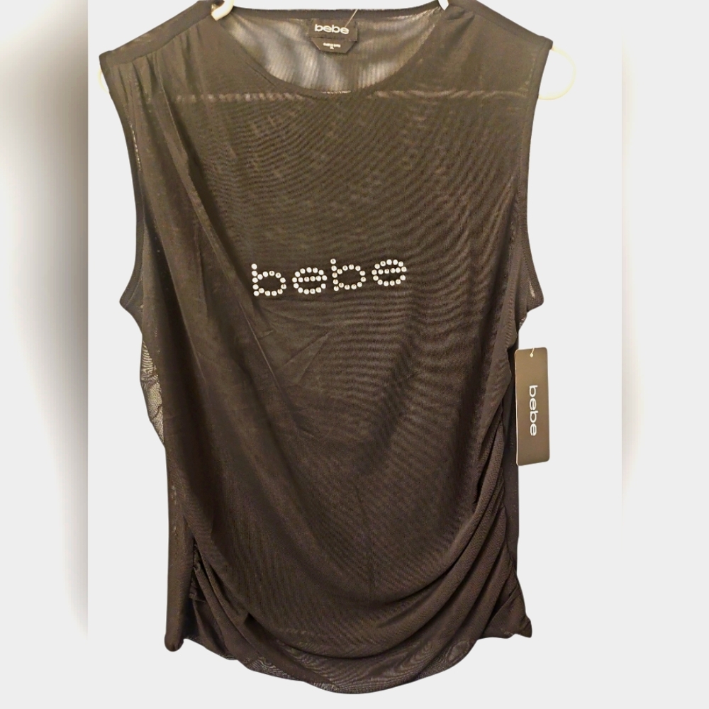Bebe Black Mesh Sleveeless Top. Bebe In Sparkling Rinestones XLarge NWT